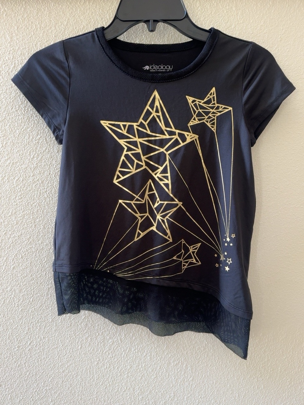 Ideology Girls M Black Gold Star Mesh Hem Graphic Tee